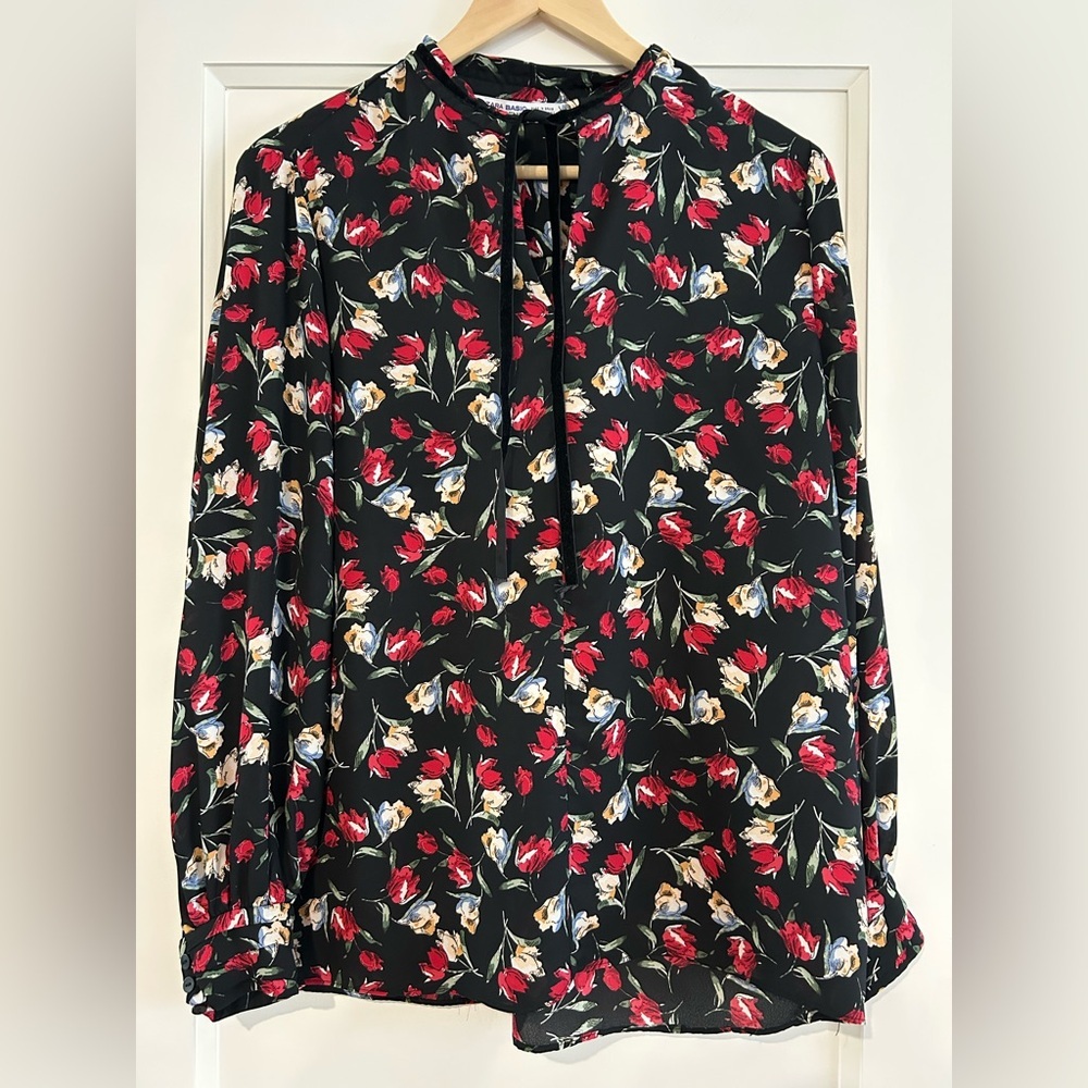 Zara Basic Z1975 Denim Black Floral Blouse w/Black Velvet Tie at Neck